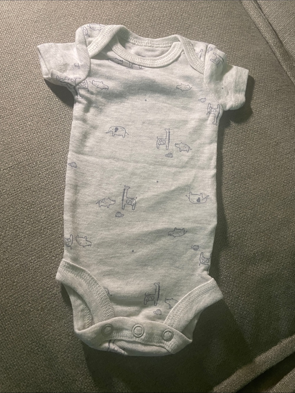 Preemie Carters Gray Short-Sleeve Baby One-Piece with Blue Animal Print